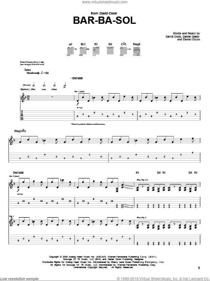 Bar-Ba-Sol sheet music for guitar (tablature) by David Cook, Daniel Dixon and Daniel Grady, intermediate skill level