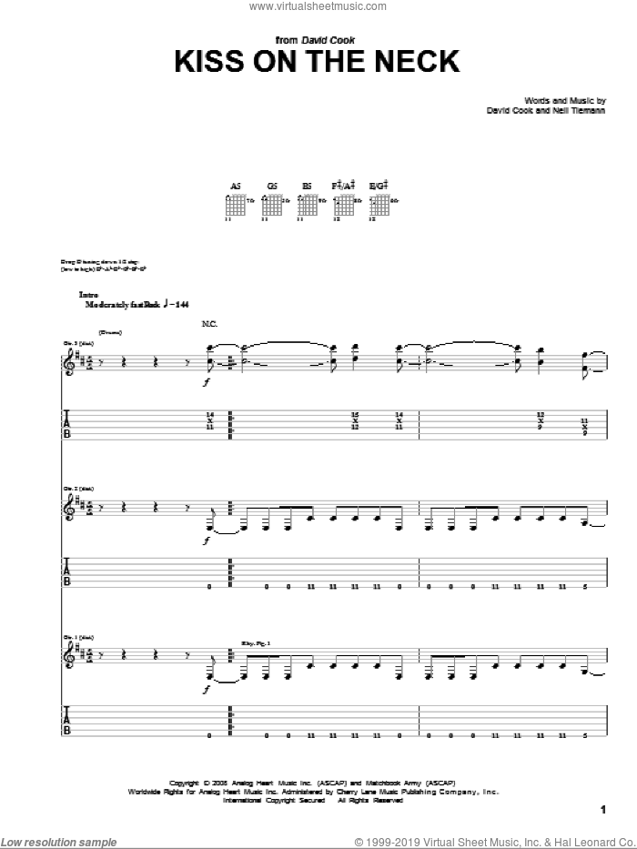 Kiss On The Neck sheet music for guitar (tablature) by David Cook and Neil Tiemann, intermediate skill level