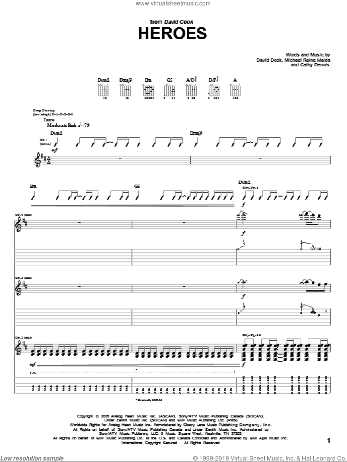 Heroes sheet music for guitar (tablature) by David Cook, Cathy Dennis and Raine Maida, intermediate skill level