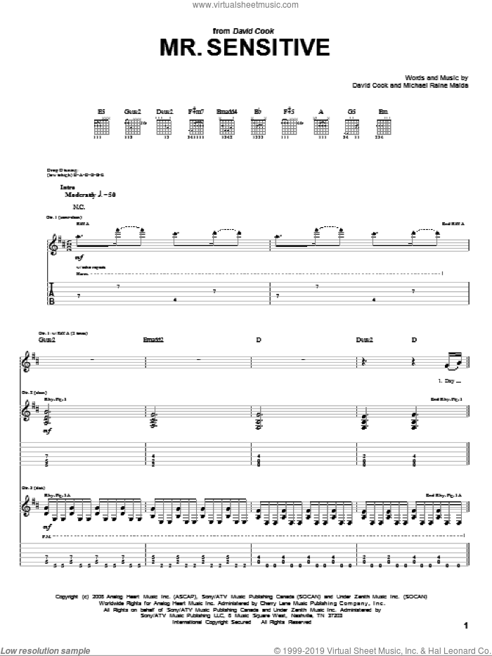 Mr. Sensitive sheet music for guitar (tablature) by David Cook and Raine Maida, intermediate skill level
