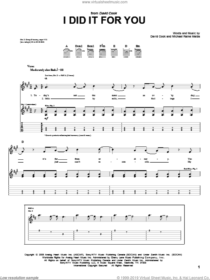 I Did It For You sheet music for guitar (tablature) by David Cook and Raine Maida, intermediate skill level