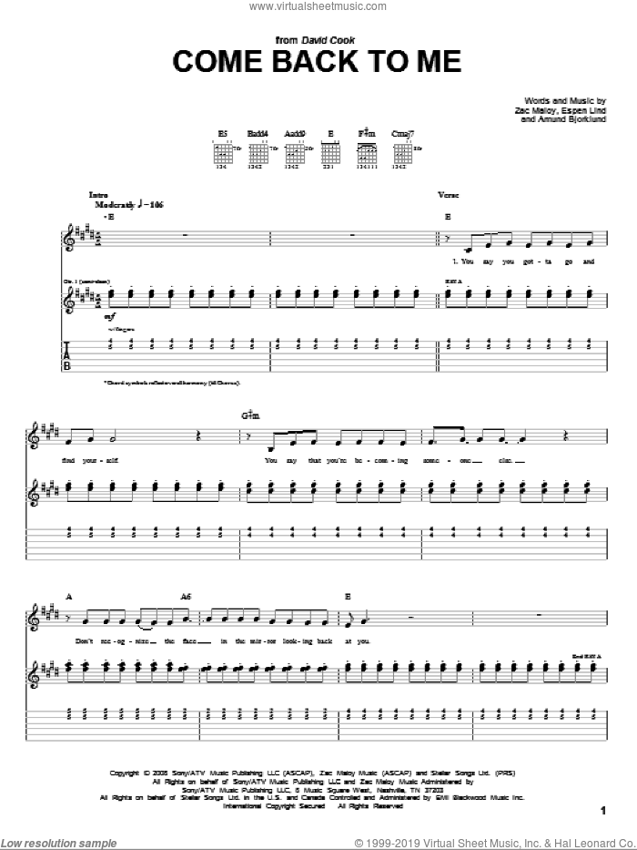 Come Back To Me sheet music for guitar (tablature) by David Cook, Amund Bjorklund, Espen Lind and Zac Maloy, intermediate skill level