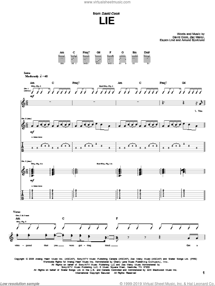 Lie sheet music for guitar (tablature) by David Cook, Amund Bjorklund, Espen Lind and Zac Maloy, intermediate skill level
