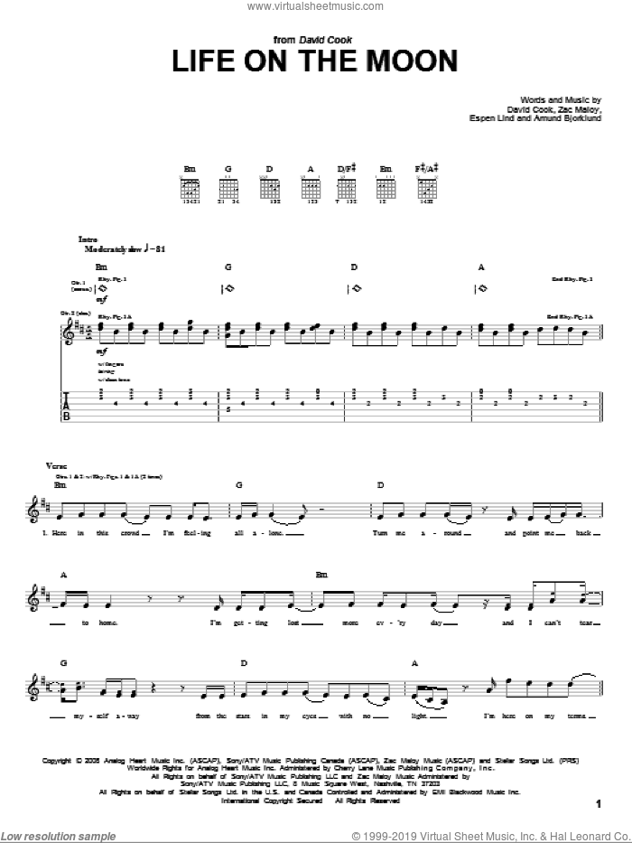 Life On The Moon sheet music for guitar (tablature) by David Cook, Amund Bjorklund, Espen Lind and Zac Maloy, intermediate skill level