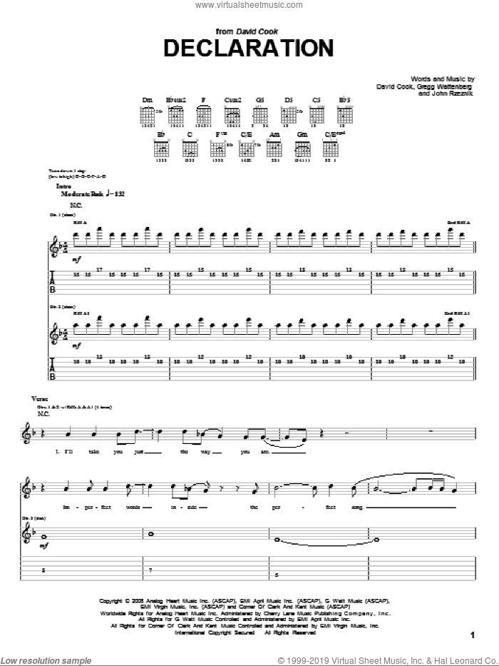Declaration sheet music for guitar (tablature) by David Cook, Gregg Wattenberg and John Rzeznik, intermediate skill level