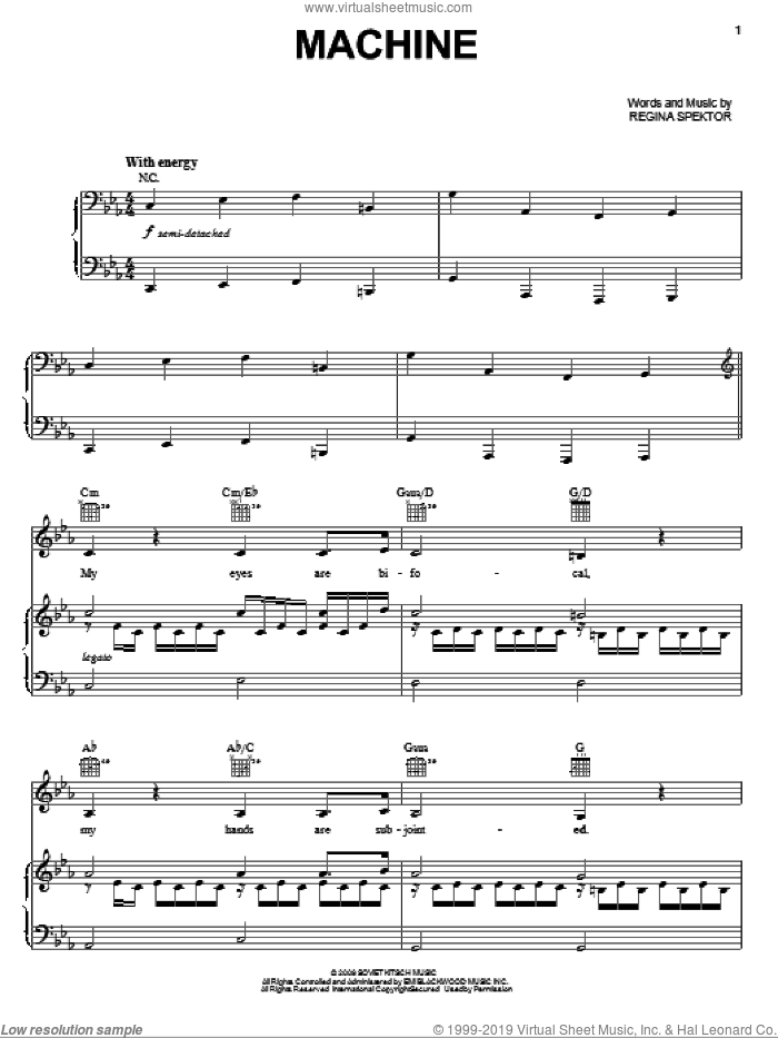 Machine sheet music for voice, piano or guitar by Regina Spektor, intermediate skill level