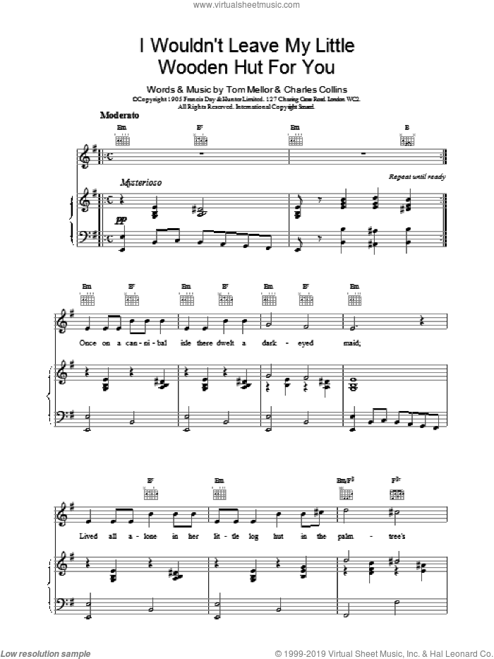 I Wouldn't Leave My Little Wooden Hut For You sheet music for voice, piano or guitar by Tom Mellor and Charles Collins, intermediate skill level