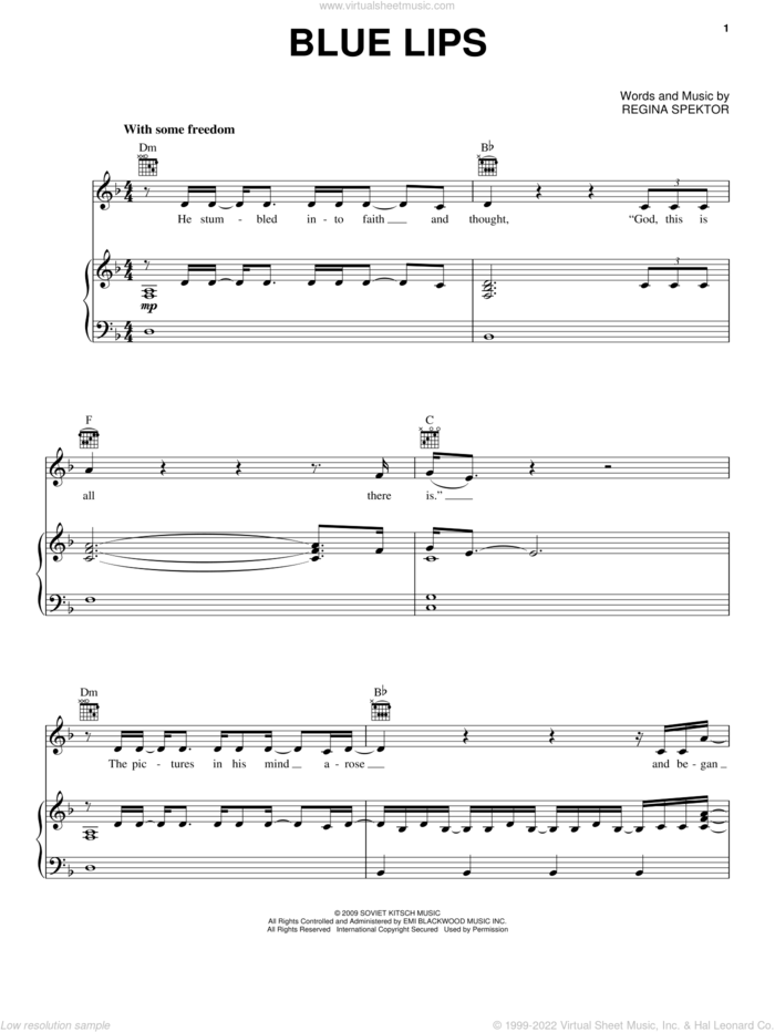 Blue Lips sheet music for voice, piano or guitar by Regina Spektor, intermediate skill level