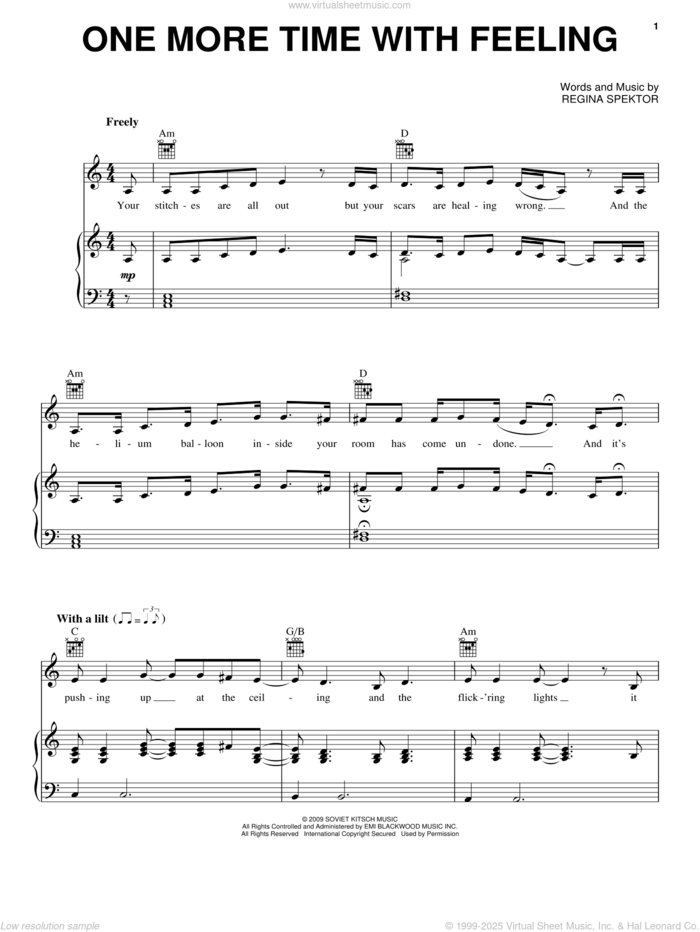 One More Time With Feeling sheet music for voice, piano or guitar by Regina Spektor, intermediate skill level