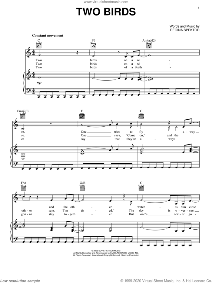 Two Birds sheet music for voice, piano or guitar by Regina Spektor, intermediate skill level