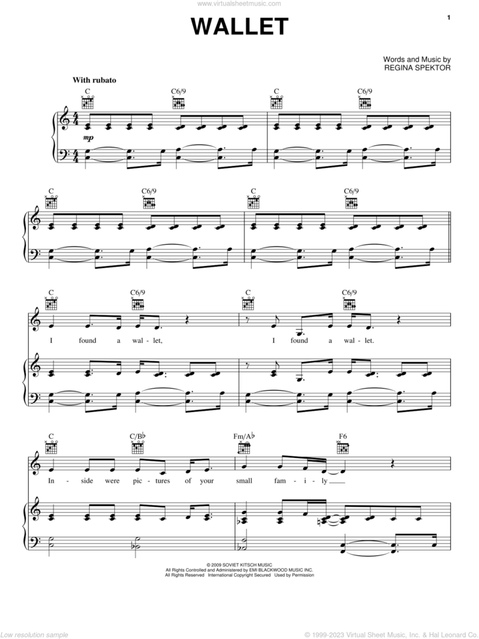 Wallet sheet music for voice, piano or guitar by Regina Spektor, intermediate skill level
