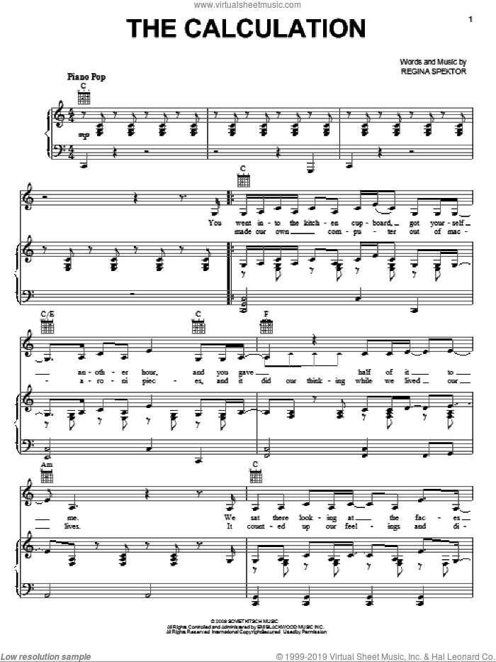 The Calculation sheet music for voice, piano or guitar by Regina Spektor, intermediate skill level