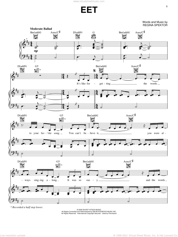 Eet sheet music for voice, piano or guitar by Regina Spektor, intermediate skill level