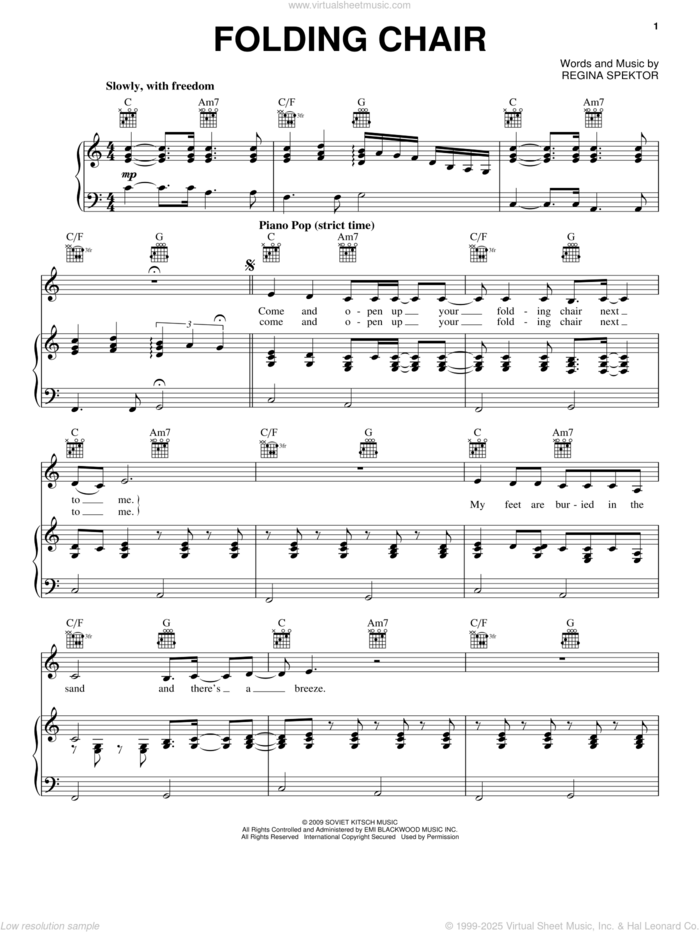 Folding Chair sheet music for voice, piano or guitar by Regina Spektor, intermediate skill level