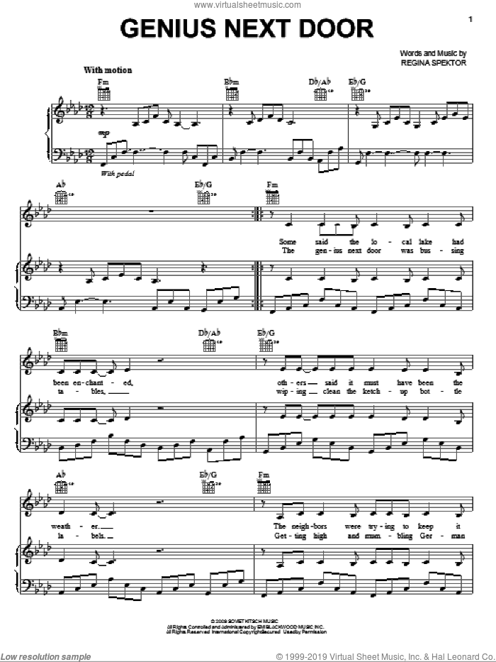 Genius Next Door sheet music for voice, piano or guitar by Regina Spektor, intermediate skill level