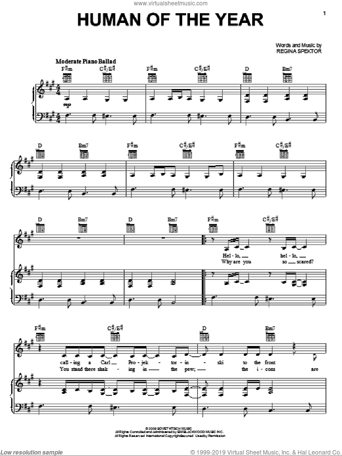 Human Of The Year sheet music for voice, piano or guitar by Regina Spektor, intermediate skill level