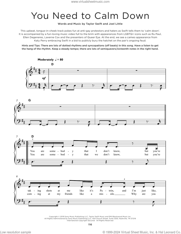 You Need To Calm Down, (beginner) sheet music for piano solo by Taylor Swift and Joel Little, beginner skill level