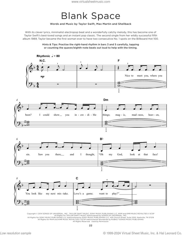 Blank Space sheet music for piano solo by Taylor Swift, Johan Schuster, Max Martin and Shellback, beginner skill level