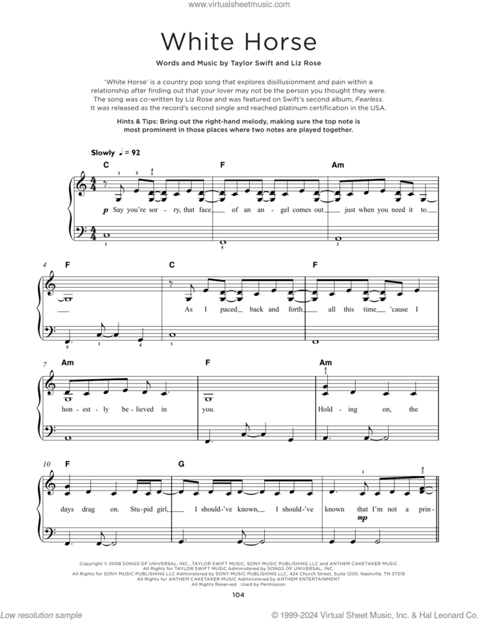 White Horse sheet music for piano solo by Taylor Swift and Liz Rose, beginner skill level
