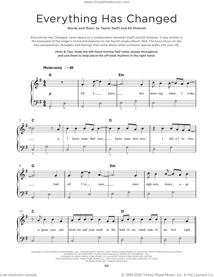 Everything Has Changed (feat. Ed Sheeran), (beginner) sheet music for piano solo by Taylor Swift and Ed Sheeran, beginner skill level