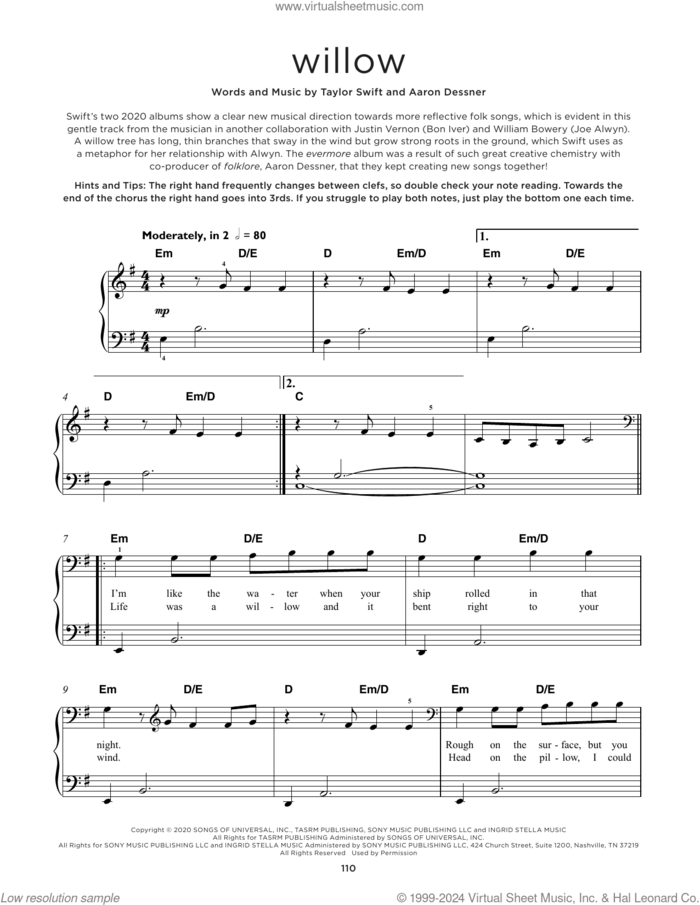 willow sheet music for piano solo by Taylor Swift and Aaron Dessner, beginner skill level
