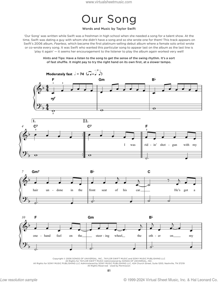 Our Song sheet music for piano solo by Taylor Swift, beginner skill level