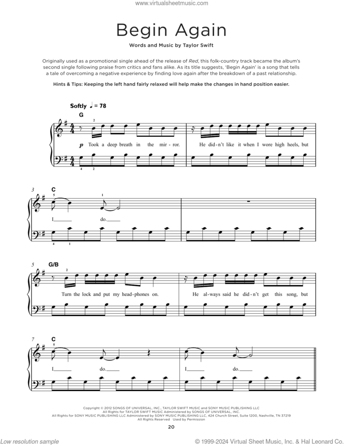 Begin Again, (beginner) sheet music for piano solo by Taylor Swift, beginner skill level