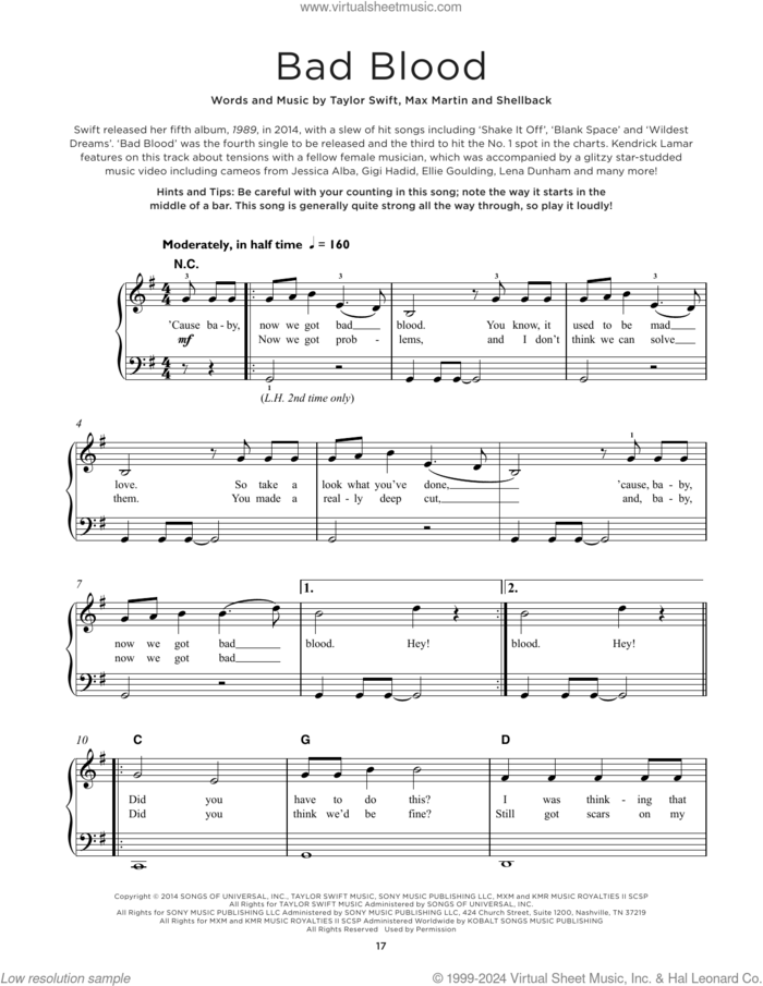Bad Blood sheet music for piano solo by Taylor Swift, Johan Schuster, Max Martin and Shellback, beginner skill level