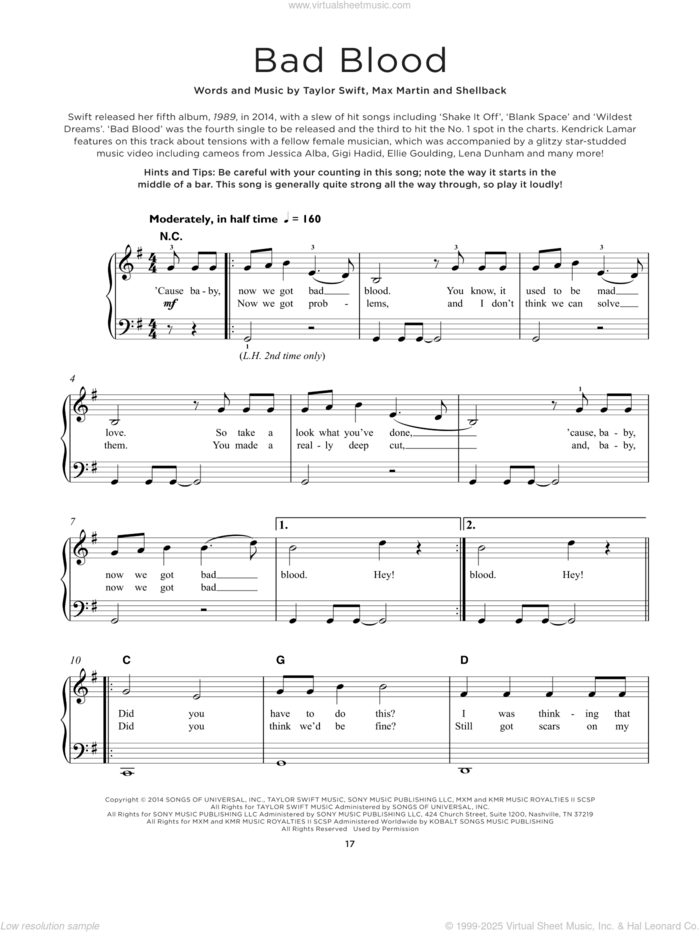 Bad Blood sheet music for piano solo by Taylor Swift, Johan Schuster, Max Martin and Shellback, beginner skill level