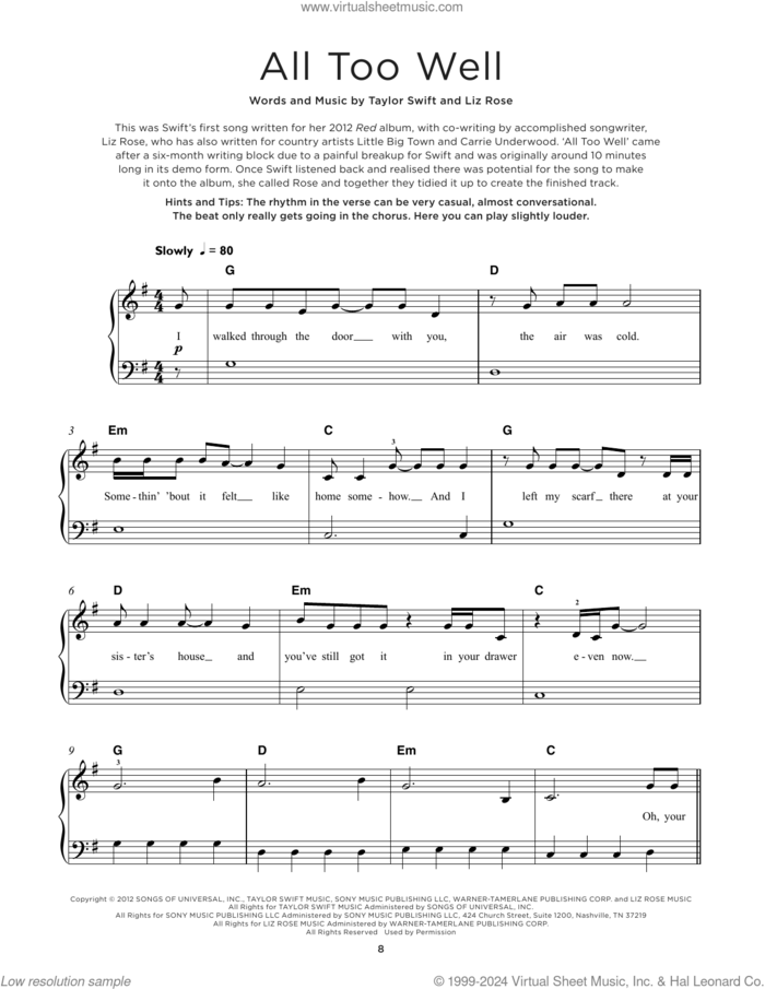 All Too Well, (beginner) sheet music for piano solo by Taylor Swift and Liz Rose, beginner skill level