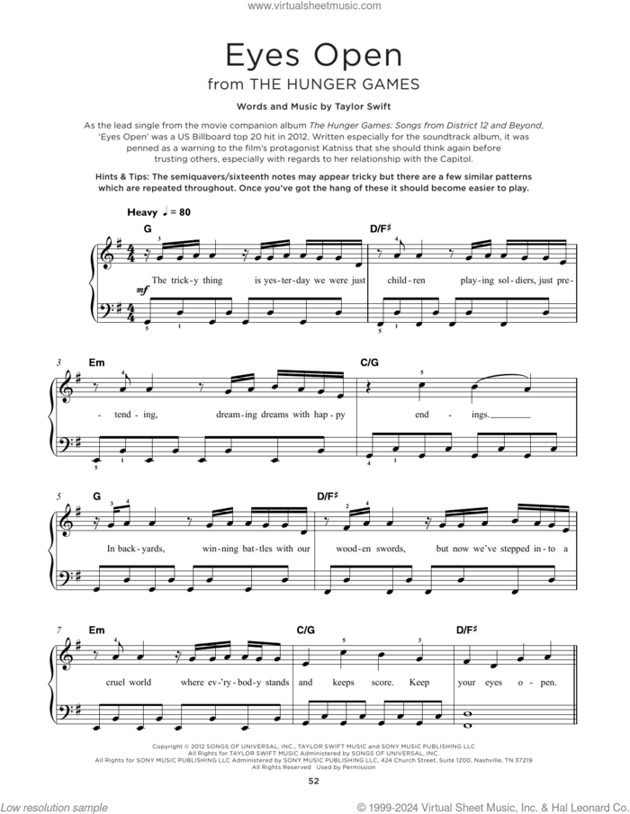 Eyes Open (from The Hunger Games) sheet music for piano solo by Taylor Swift, beginner skill level