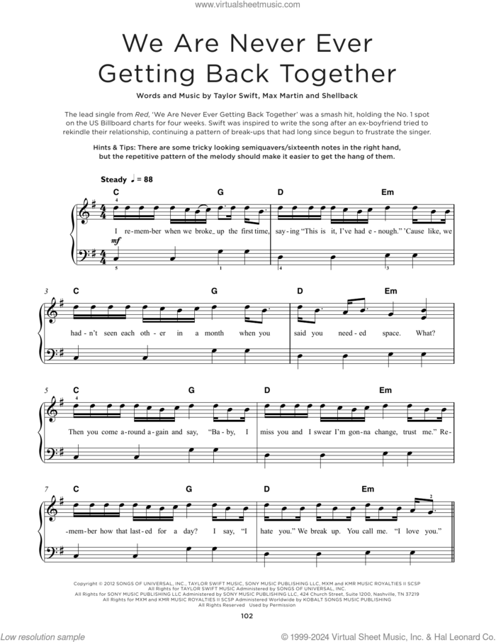 We Are Never Ever Getting Back Together sheet music for piano solo by Taylor Swift, Max Martin and Shellback, beginner skill level