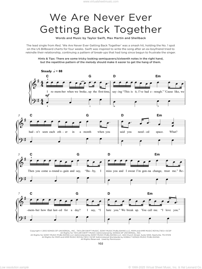 We Are Never Ever Getting Back Together sheet music for piano solo by Taylor Swift, Max Martin and Shellback, beginner skill level