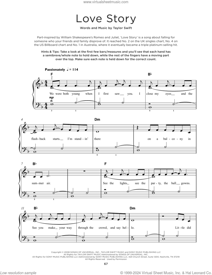 Love Story sheet music for piano solo by Taylor Swift, beginner skill level