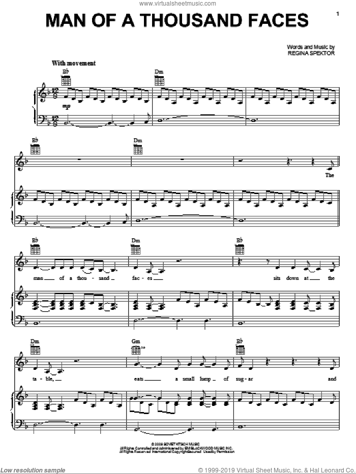 Man Of A Thousand Faces sheet music for voice, piano or guitar by Regina Spektor, intermediate skill level