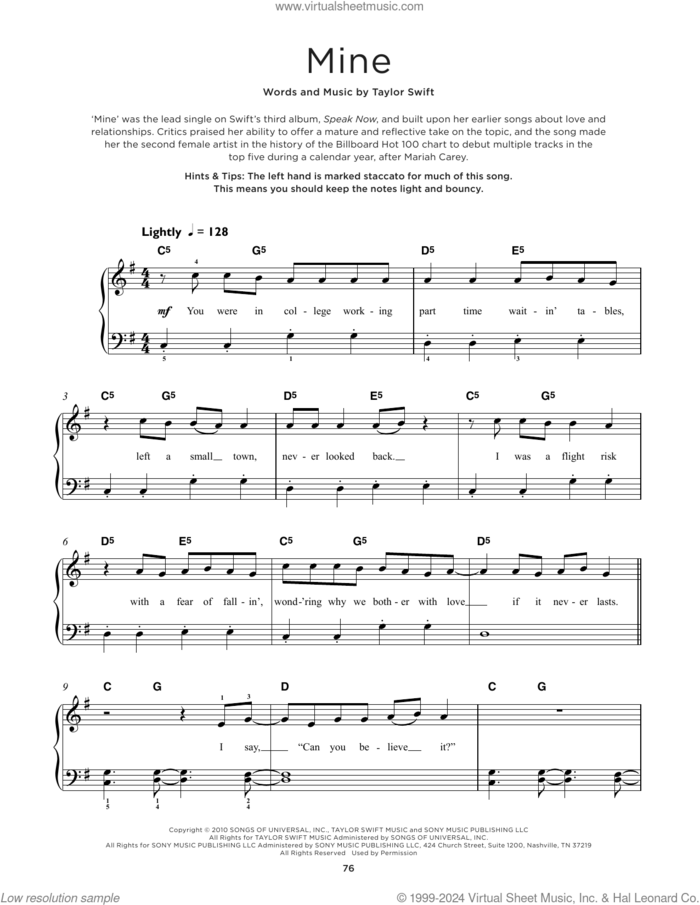 Mine sheet music for piano solo by Taylor Swift, beginner skill level