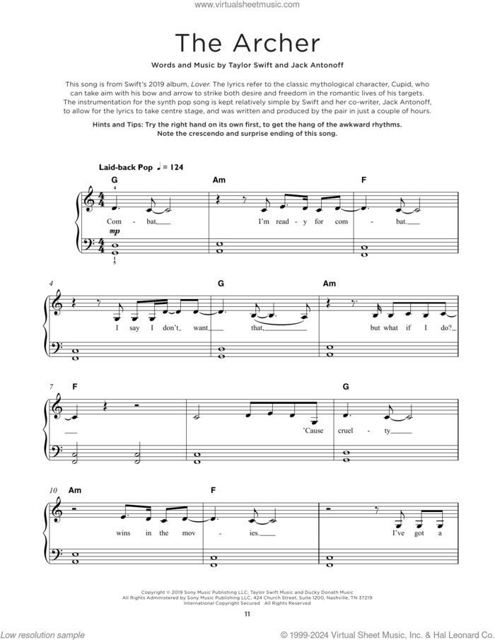The Archer, (beginner) sheet music for piano solo by Taylor Swift and Jack Antonoff, beginner skill level