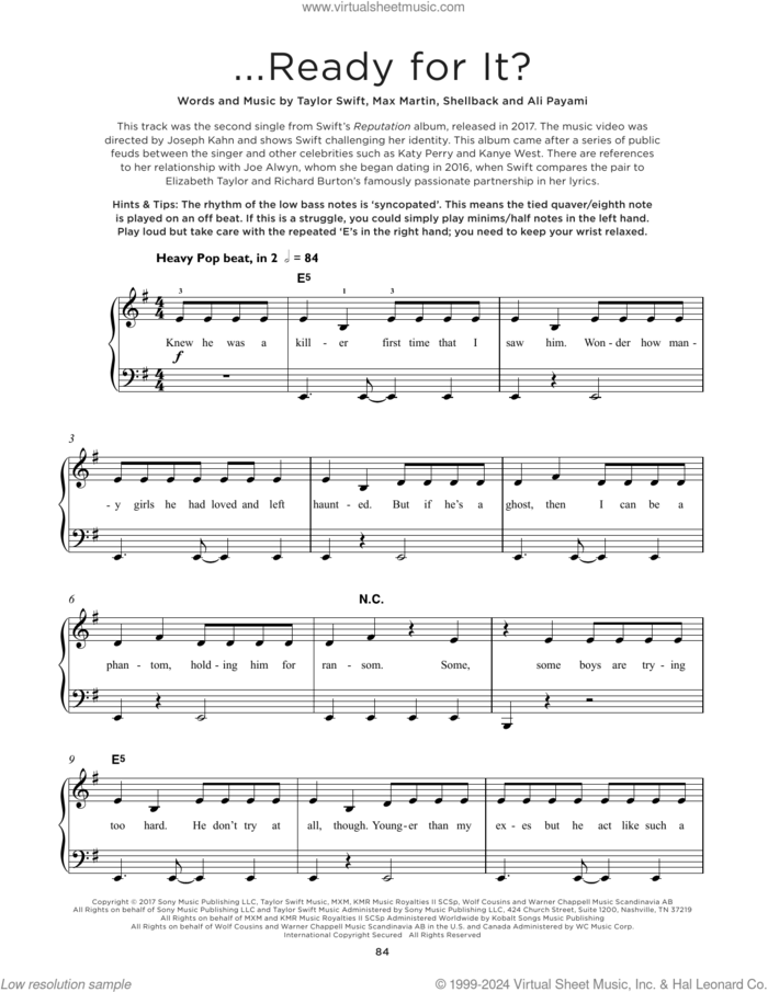 ...Ready For It?, (beginner) sheet music for piano solo by Taylor Swift, Ali Payami, Max Martin and Shellback, beginner skill level