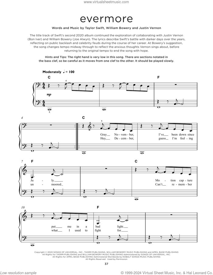 evermore (feat. Bon Iver), (beginner) sheet music for piano solo by Taylor Swift, Justin Vernon and William Bowery, beginner skill level