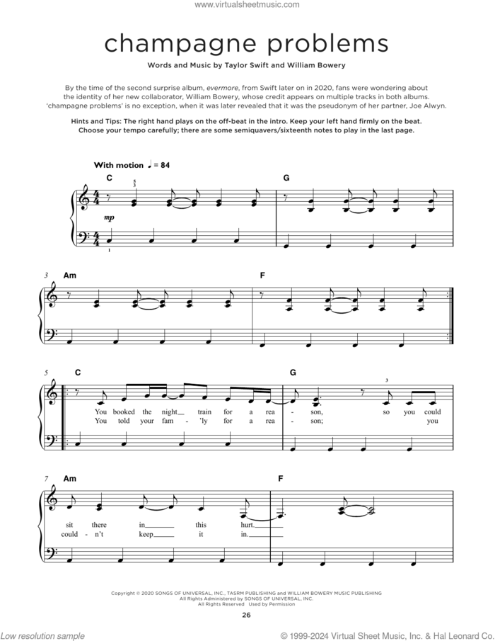 champagne problems, (beginner) sheet music for piano solo by Taylor Swift and William Bowery, beginner skill level