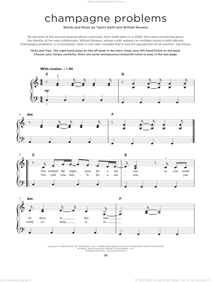 champagne problems, (beginner) sheet music for piano solo by Taylor Swift and William Bowery, beginner skill level