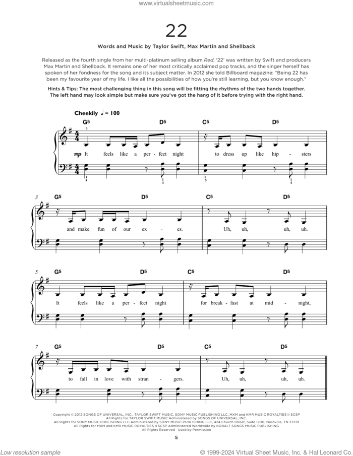 22 sheet music for piano solo by Taylor Swift, Max Martin and Shellback, beginner skill level