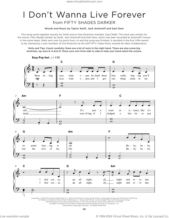 I Don't Wanna Live Forever (Fifty Shades Darker) sheet music for piano solo by Zayn and Taylor Swift, Jack Antonoff, Sam Dew and Taylor Swift, beginner skill level