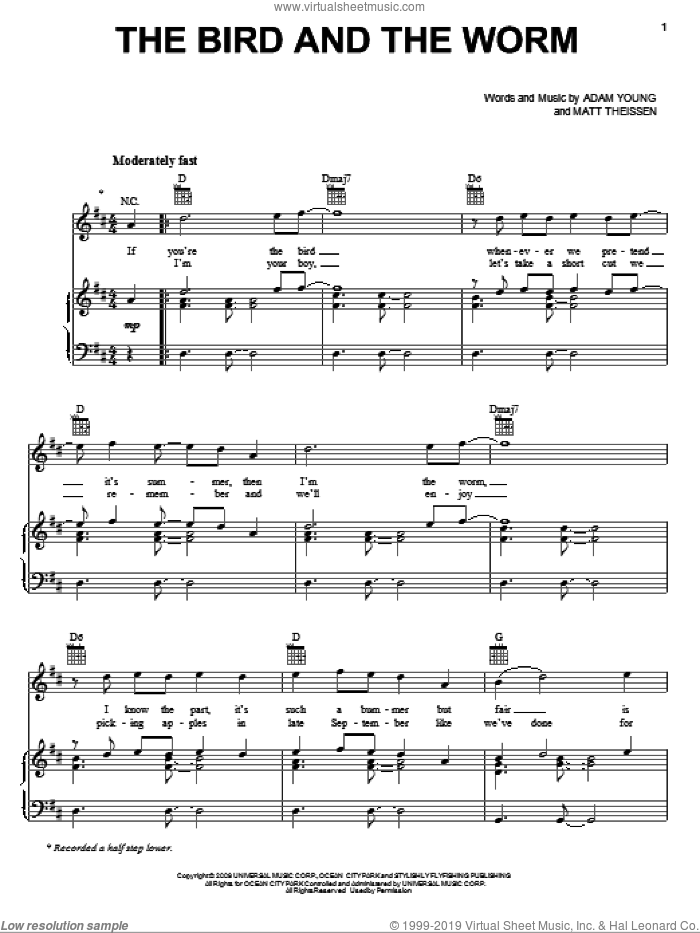 The Bird And The Worm sheet music for voice, piano or guitar by Owl City, Adam Young and Matt Theissen, intermediate skill level