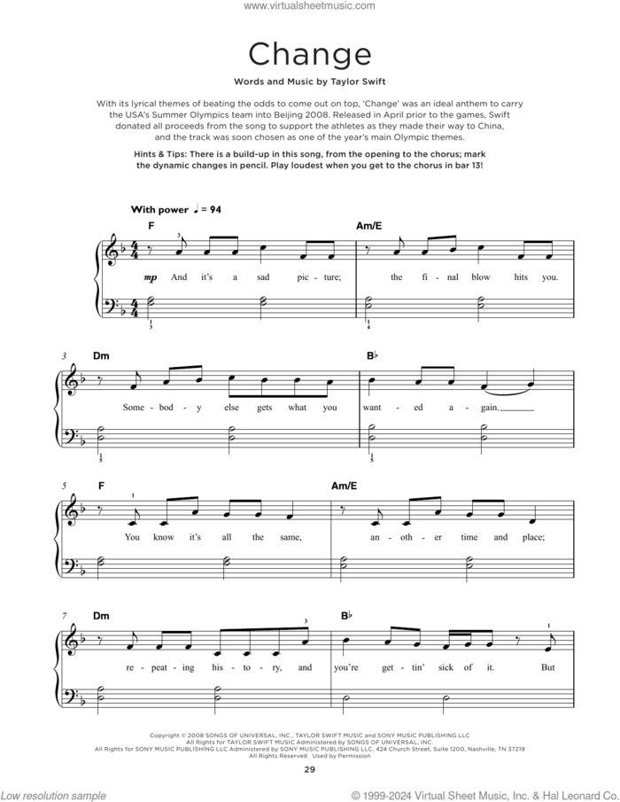 Change, (beginner) sheet music for piano solo by Taylor Swift, beginner skill level