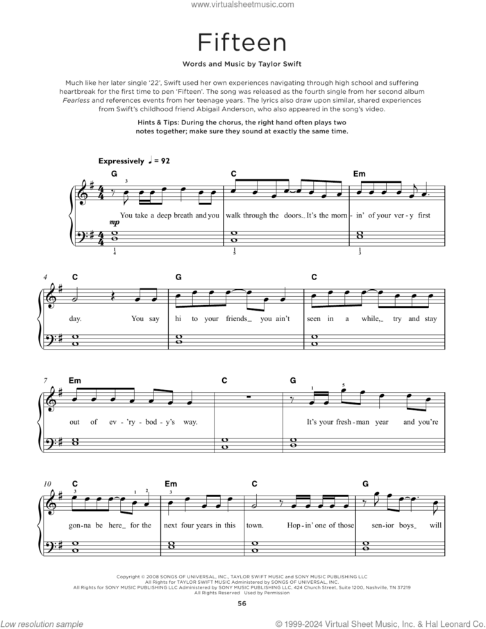 Fifteen sheet music for piano solo by Taylor Swift, beginner skill level