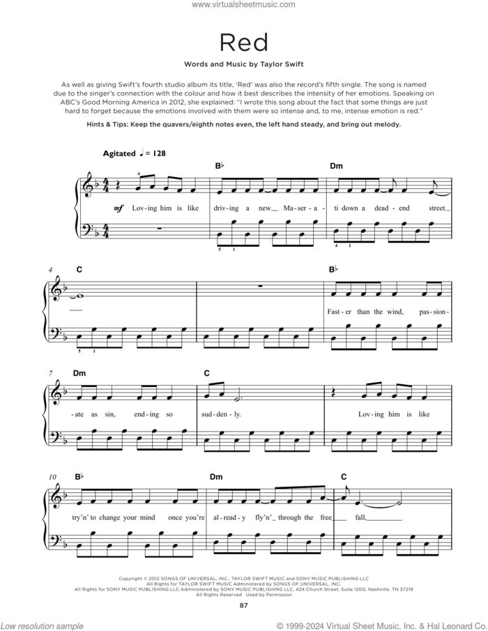 Red, (beginner) sheet music for piano solo by Taylor Swift, beginner skill level