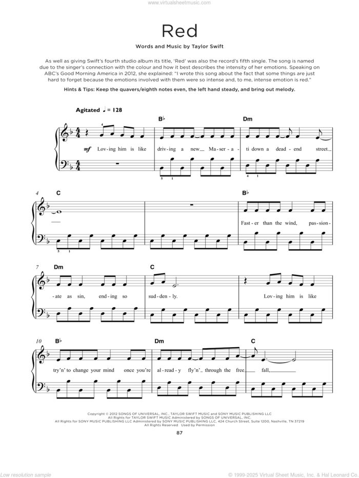 Red, (beginner) sheet music for piano solo by Taylor Swift, beginner skill level