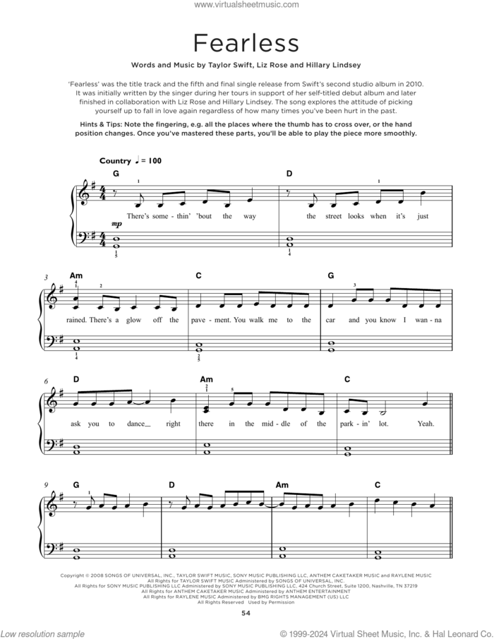 Fearless, (beginner) sheet music for piano solo by Taylor Swift, Hillary Lindsey and Liz Rose, beginner skill level