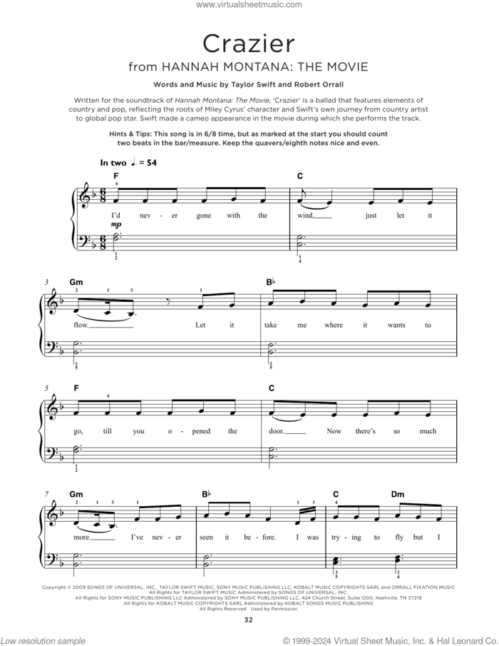 Crazier, (beginner) sheet music for piano solo by Taylor Swift and Robert Orrall, beginner skill level